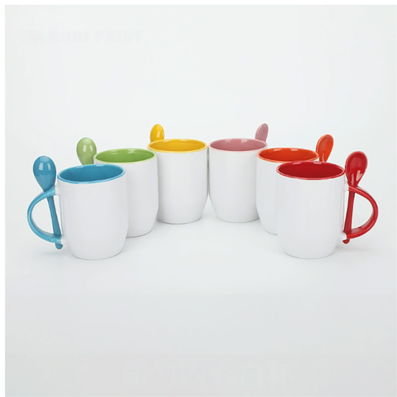 Sublimation Mug Blank - แก้วกาแฟเปล่าสำหรับพิมพ์ลายแบบซับลิเมชั่น 2 ชิ้น สีขาวด้านใน พร้อมช้อน แก้วเซรามิกสำหรับนม